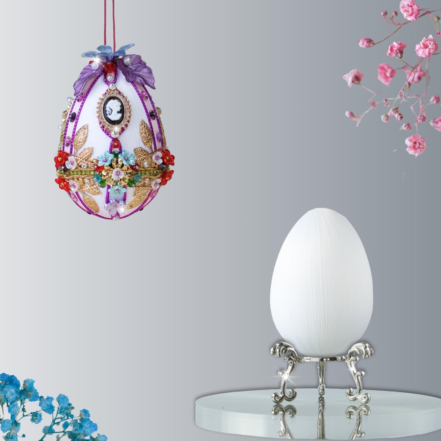 Complete Push Pin Kit to make Easter Egg Beaded & Sequin Ornament embellished with flowers, leaves, gold floral trim, cameo, and crystal beads by Whim5seasons.