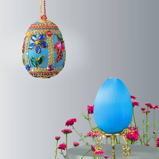 Easter Egg Push Pin Ornament  Kit features two sky blue satin eggs: one is a finished Faberge style ornament, with glass rhinestones, and the other is a satin egg to be embellished by Whim5seasons.
