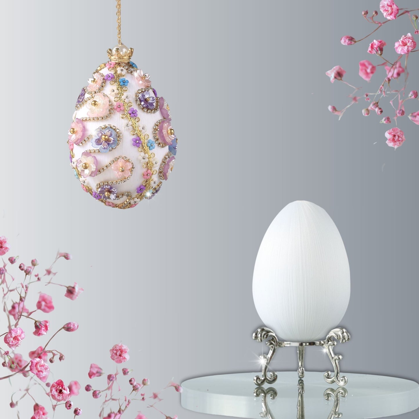Easter Egg Push Pin Ornament  Kit features two luxurious white satin  eggs: one is a complete ornament with gold trim, and the other is a simple satin egg on a silver stand by Whim5seasons.