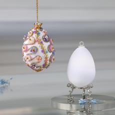 Easter Egg Push Pin Ornament  Kit features two luxurious white satin  eggs: one is a complete ornament with gold trim, and the other is a simple satin egg on a silver stand by Whim5seasons.