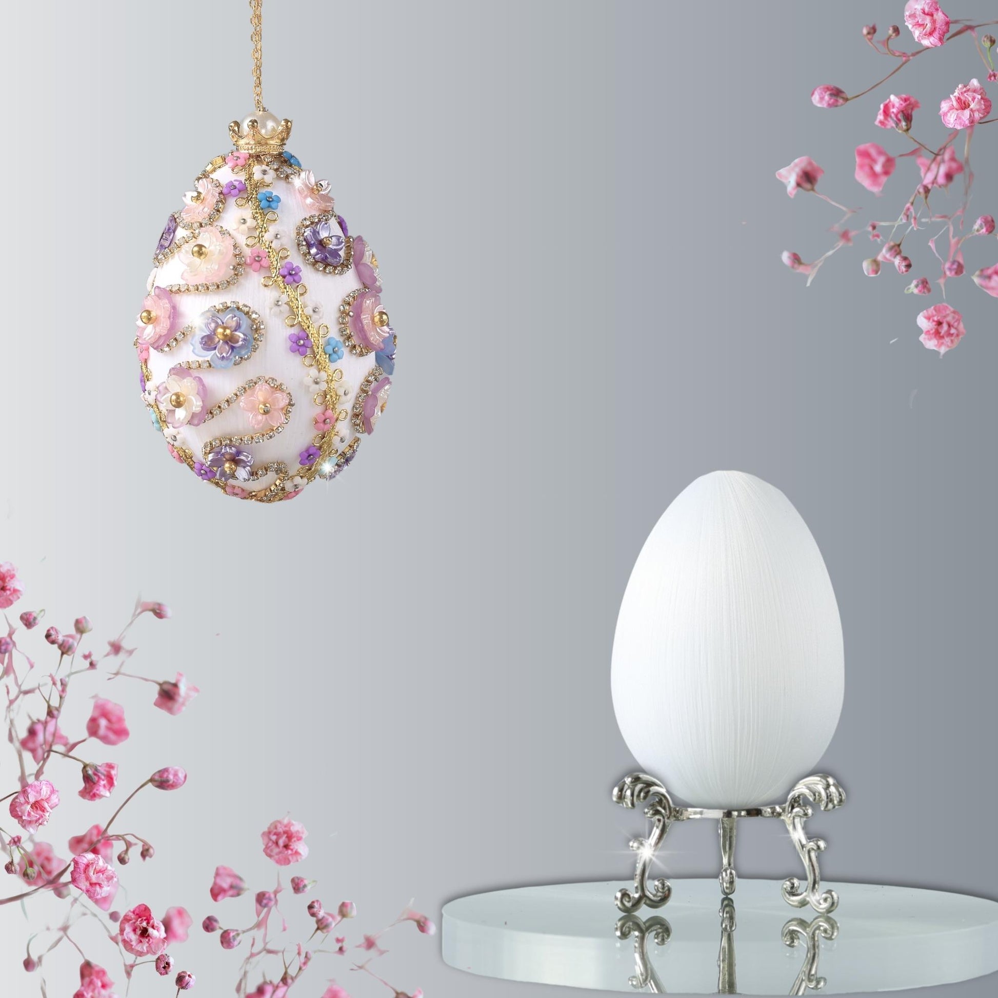 Easter Egg Push Pin Ornament  Kit features two luxurious white satin  eggs: one is a complete ornament, and the other is a simple satin egg on a silver stand by Whim5seasons.