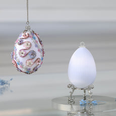 Easter Egg Push Pin Ornament  Kit features two luxurious white satin  eggs: one is a complete ornament, and the other is a simple satin egg on a silver stand by Whim5seasons.