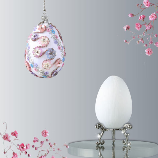 Easter Egg Push Pin Ornament  Kit features two luxurious white satin  eggs: one is a complete ornament, and the other is a simple satin egg on a silver stand by Whim5seasons.