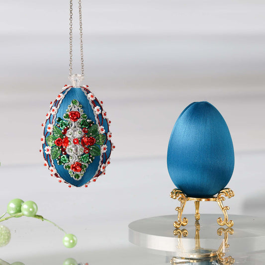 Easter Egg Push Pin Ornament  Kit Sonata features a premium dark blue satin  gold egg shaped core, aluminum rose embellishments, gold beads, and metallic trim.  (Dark Slate Blue)
