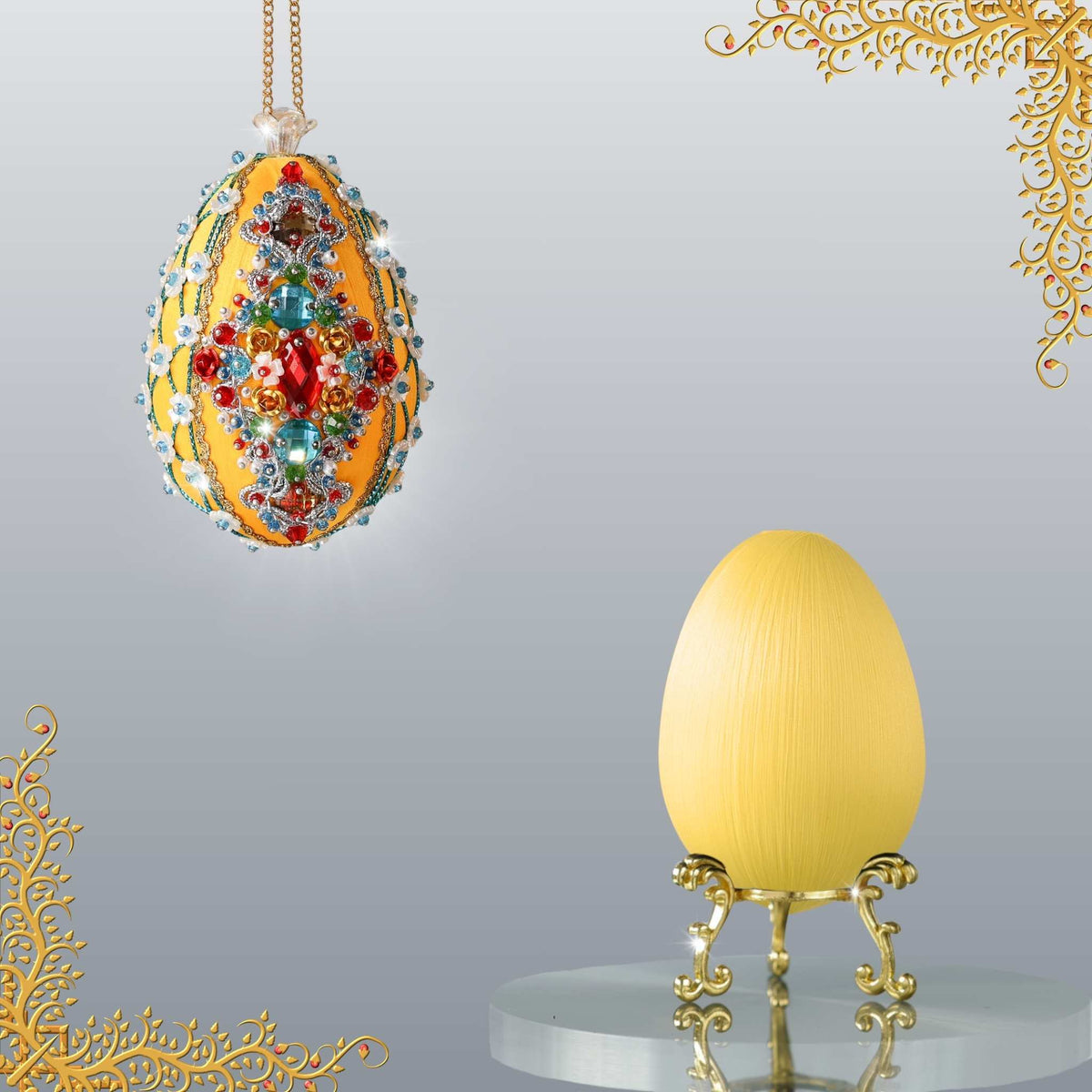 Easter Ornament Push Pin Kit Sonata by Whim5seasons features premium  satin  gold egg shaped core, aluminum rose embellishments, gold beads, and metallic trim by Whim5seasons. 