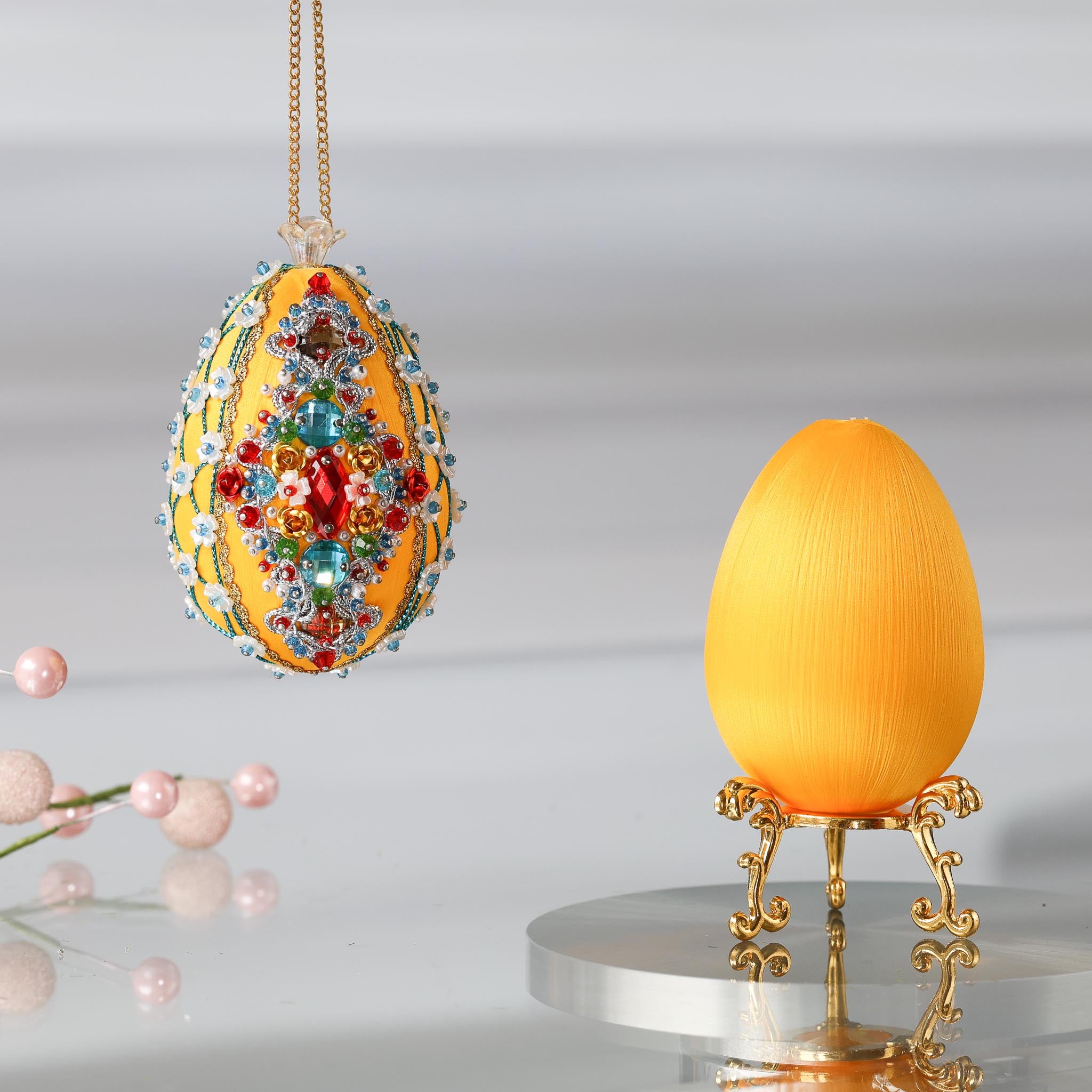 Easter Ornament Push Pin Kit Sonata by Whim5seasons features premium  satin  gold egg shaped core, aluminum rose embellishments, gold beads, and metallic trim. (Dark Orange)