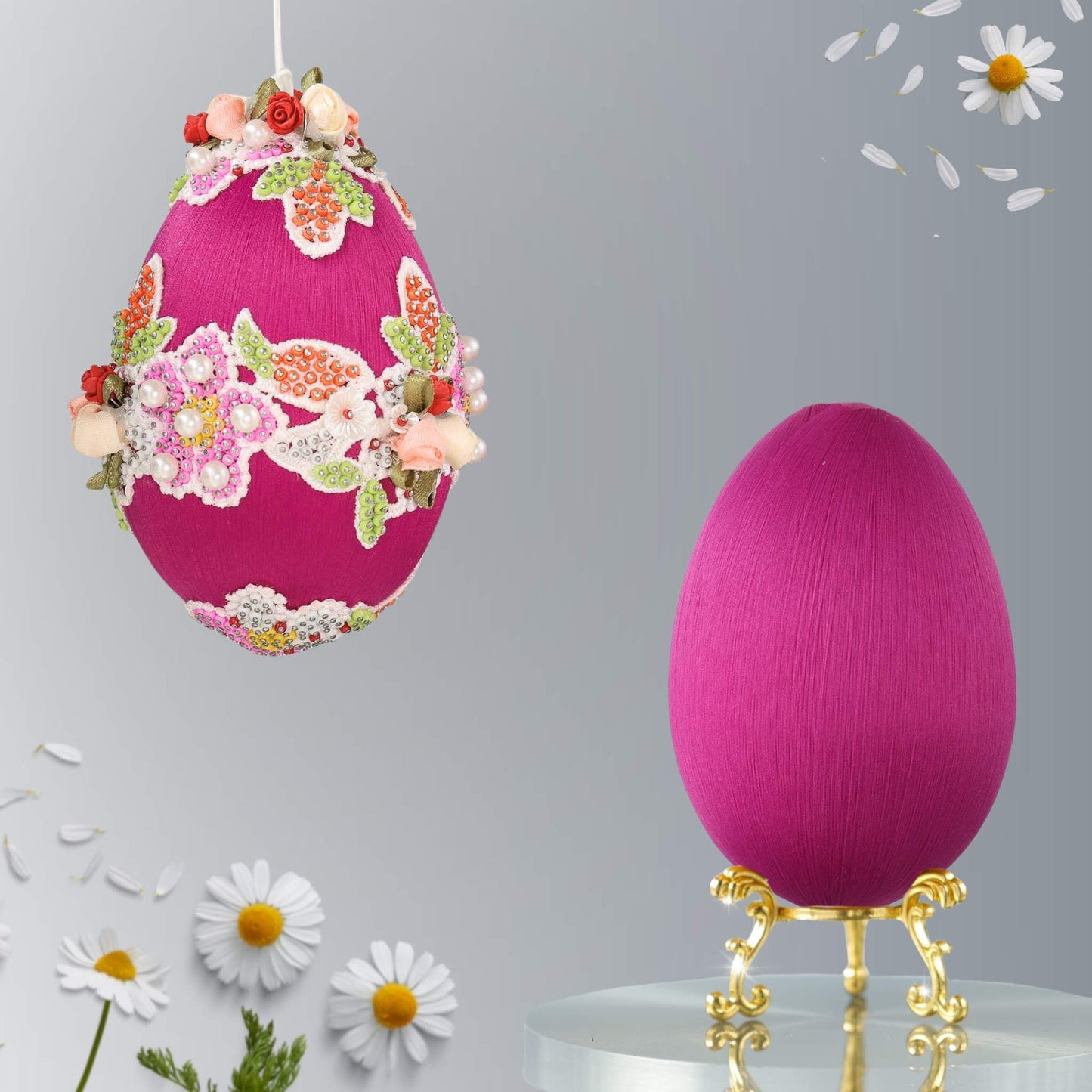 Decorative purple 4" Easter egg  kit for a push pin ornament kit with floral embellishments on a white background and a reflective surface by Whim5seasons.
