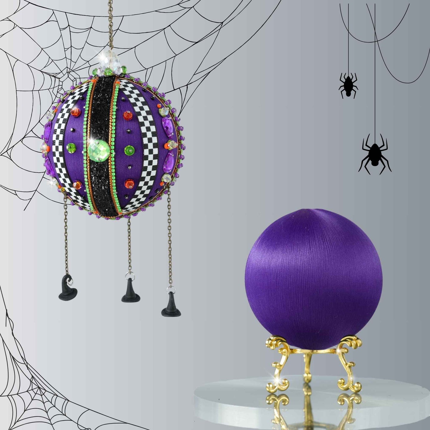 DIY Halloween or Christmas ornament kit featuring satin beaded ornament adorned with mini witch hat charms, racetrack trim, and seed beads with another satin foam core ball on a gold stand for the project by Whim5seasons.