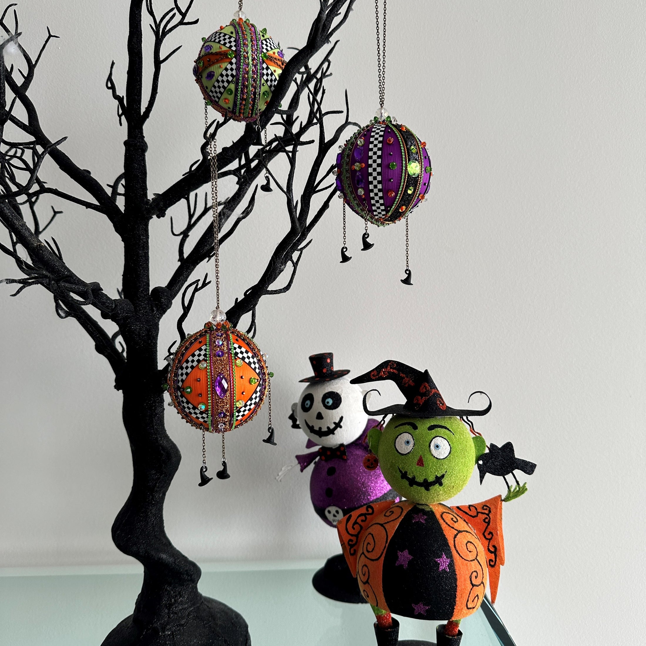 Halloween Satin Push Pin Ornament Ball Collection with figurines. 