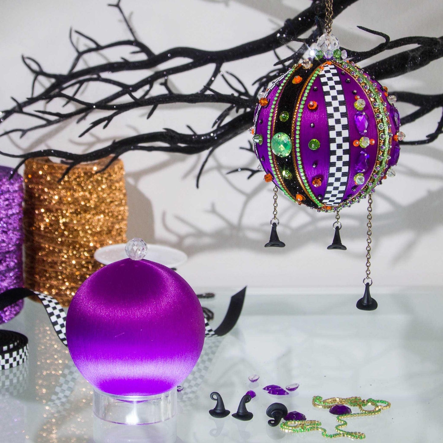 DIY kit for making satin Hallloween beaded ornament adorned with mini witch hat charms. (Indigo)