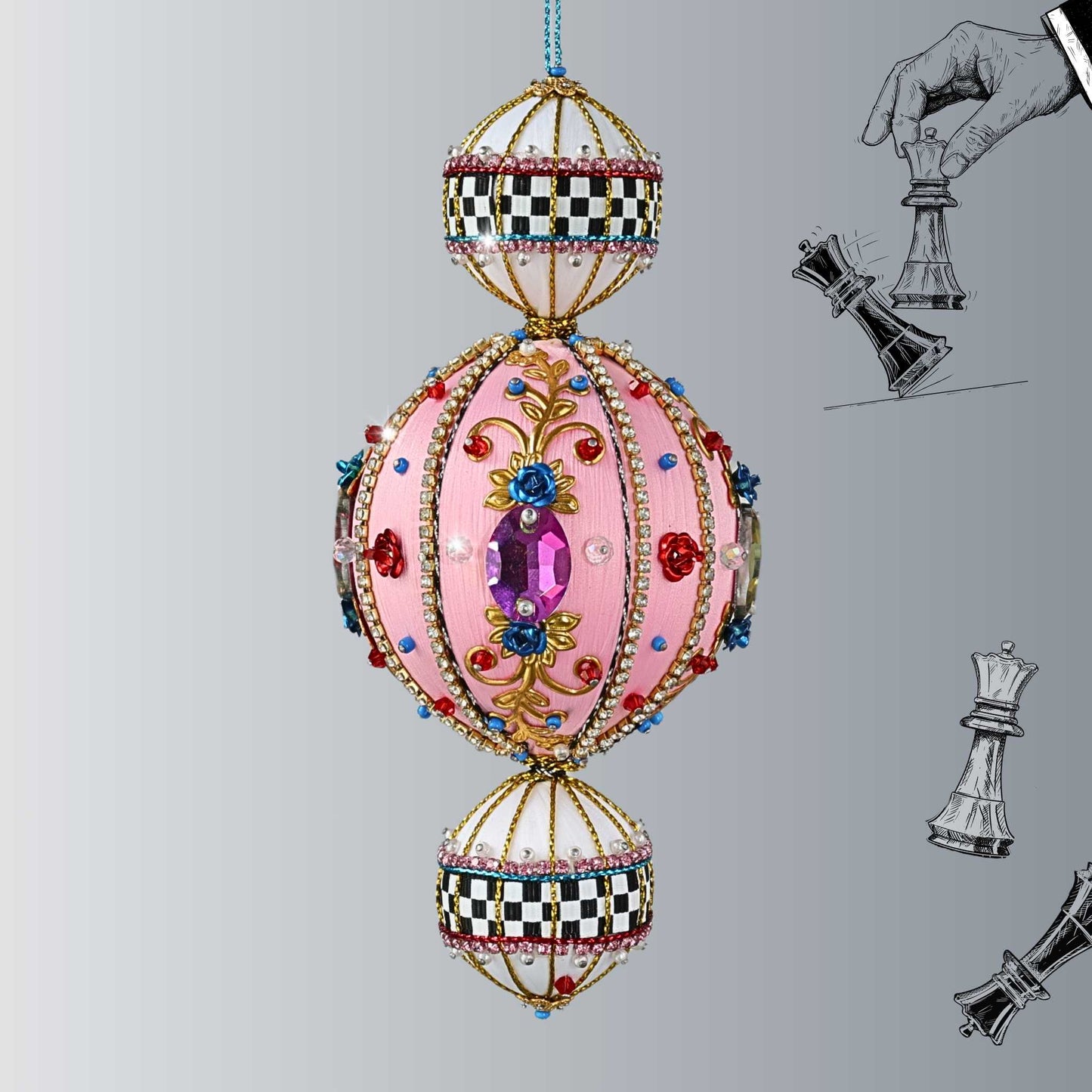Christmas  handmade Beaded Satin Ornament with large glass rhinestones, aluminum roses, and gold alloy embellishments by Whim5seasons.