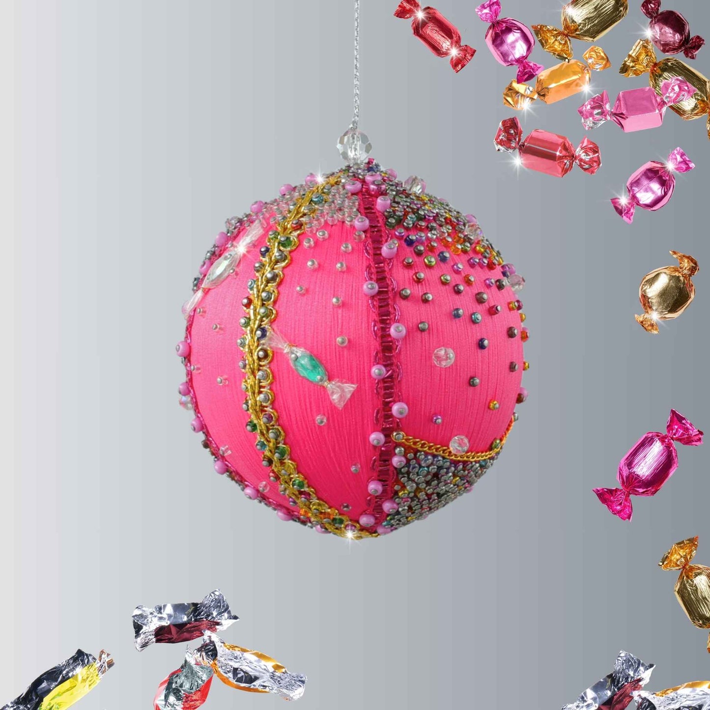 Handmade Christmas Satin Ornament Candy features bright fuchsia color, gold trim, Miyuki seed beads, playful candy charms by Whim5seasons.