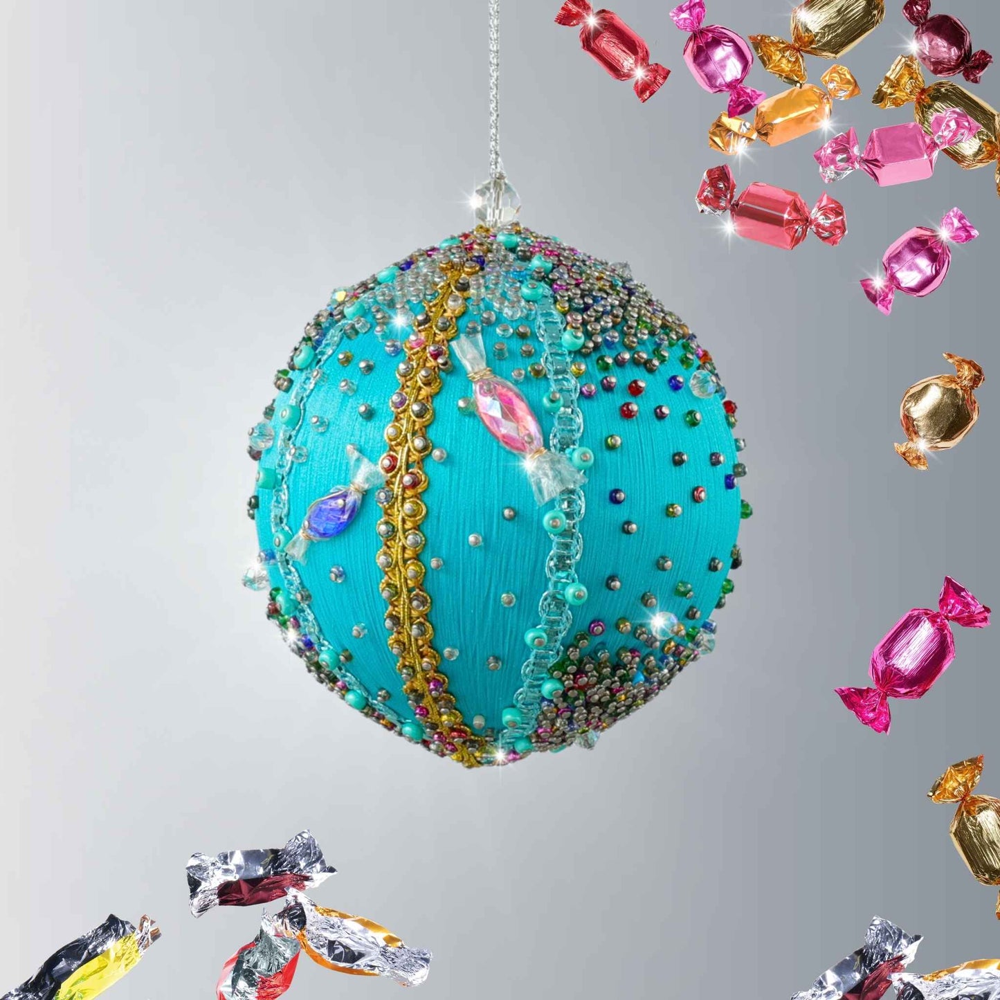 Front view of a Handmade Sequin & beaded Christmas Ornament Candy by Whim5seasons - Miyuki seed beads and gold trim applied one by one by hand.