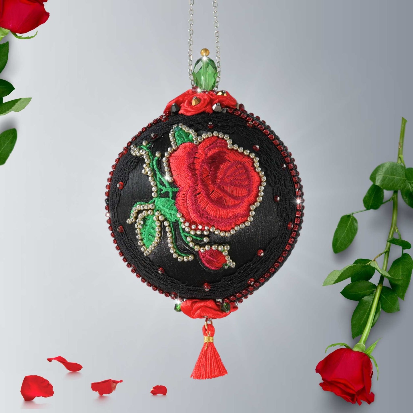 Carmen Handmade Christmas Push Pin  Ornament in Black with red sparkling rhinestones and red rose embroidery patches on a gray background with rose flowers by Whim5seasons.