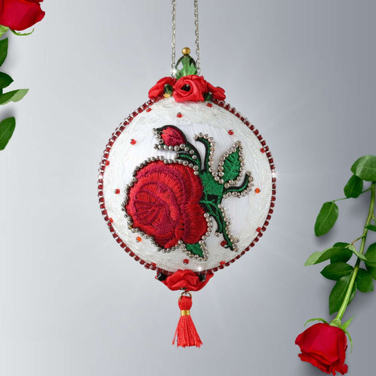 Carmen Handmade Christmas Push Pin  Ornament in White with red sparkling rhinestones and red rose embroidery patches on a gray background with rose flowers by Whim5seasons.