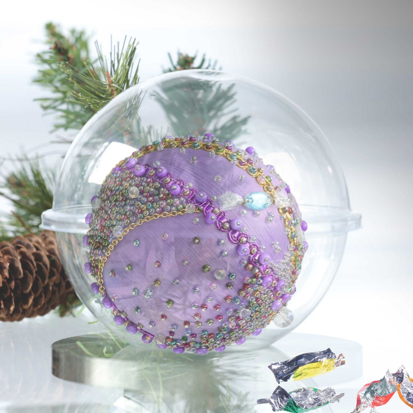 Handmade Push Pin Christmas Ornament Candy in organza bag packed in a clear round container for storage by Whim5seasons.