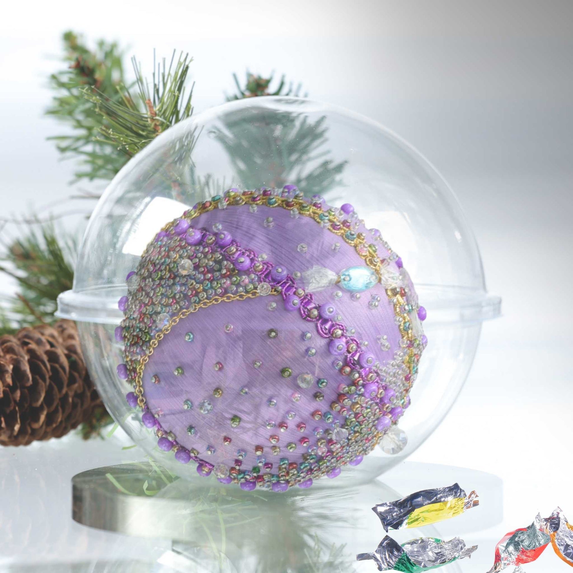 Handmade Push Pin Christmas Ornament Candy in organza bag packed in a clear round container for storage by Whim5seasons.