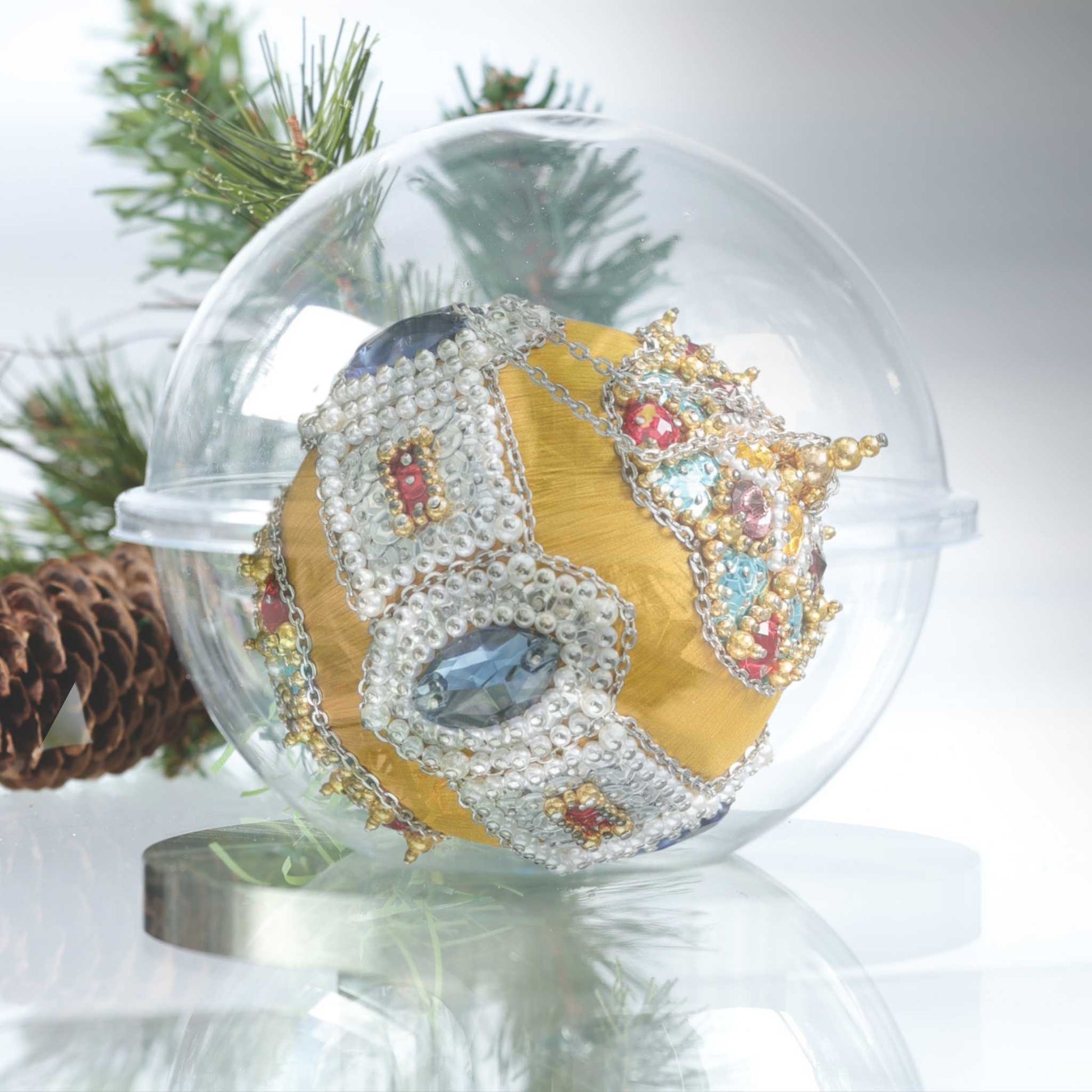 Handmade Satin Ornament, beaded Christmas Ornament, packed in a clear round plastic container, provided by Whim5seasons, for storage, very convenient by Whim5seasons.