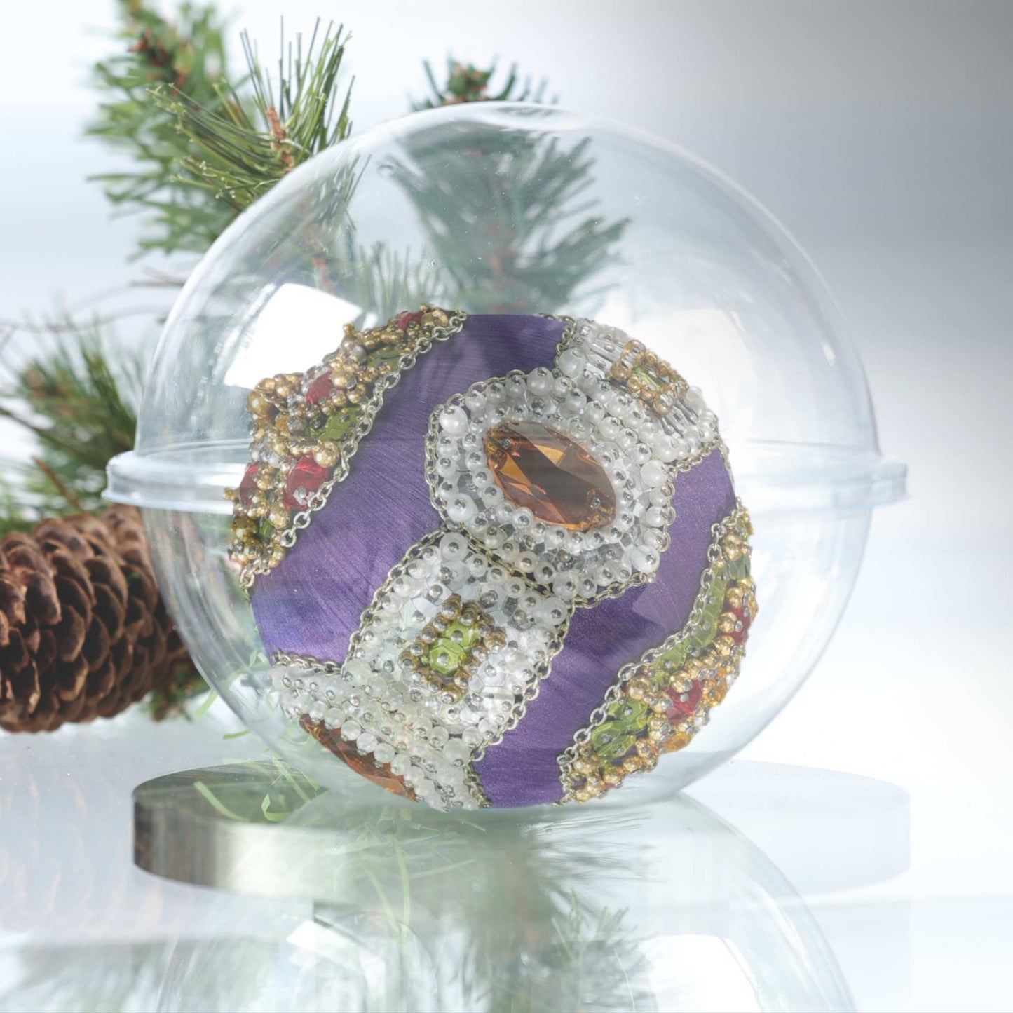 Handmade Satin Ornament, beaded Christmas Ornament, packed in a clear round plastic container, provided by Whim5seasons, for storage, very convenient by Whim5seasons.