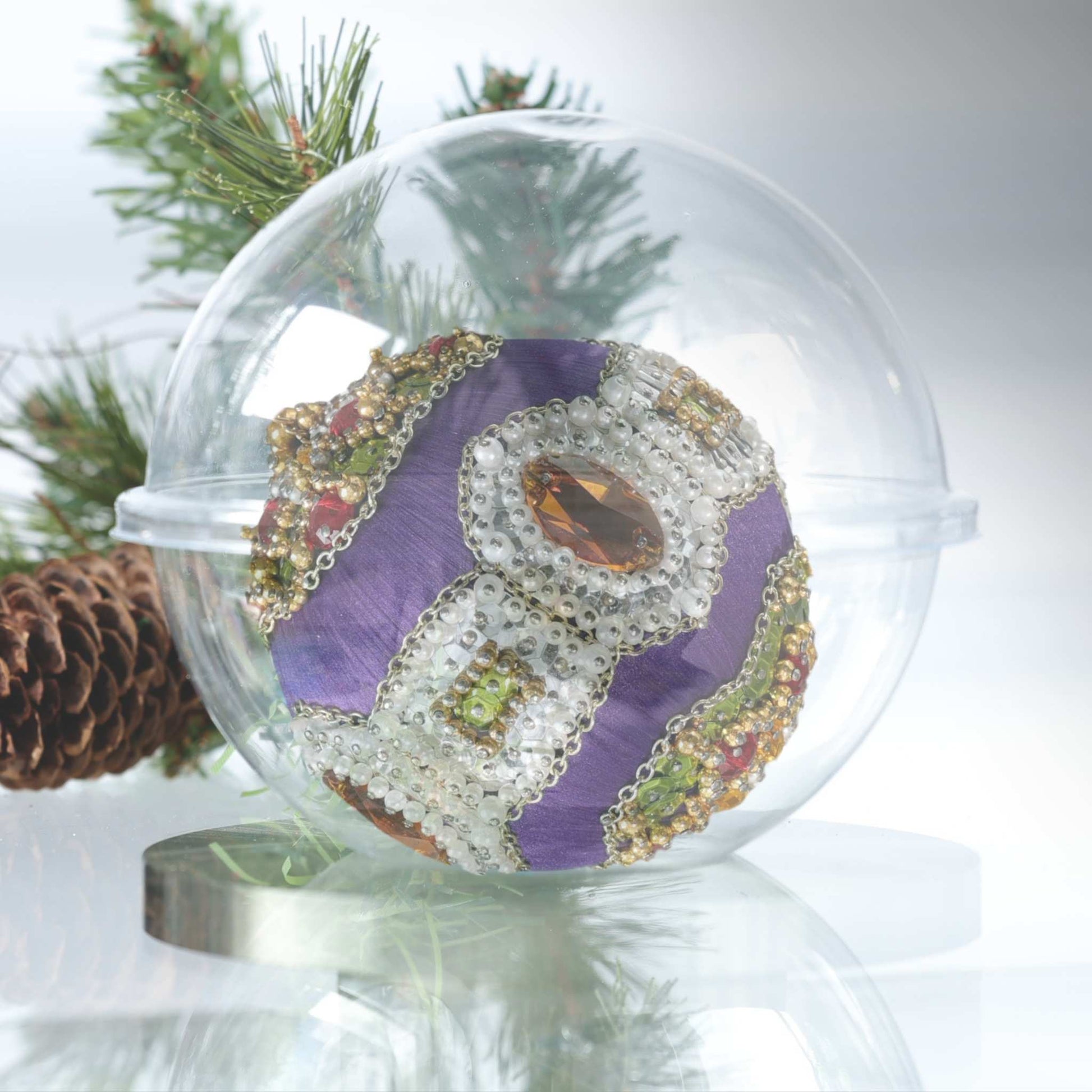 Handmade Satin Ornament, beaded Christmas Ornament, packed in a clear round plastic container, provided by Whim5seasons, for storage, very convenient by Whim5seasons.
