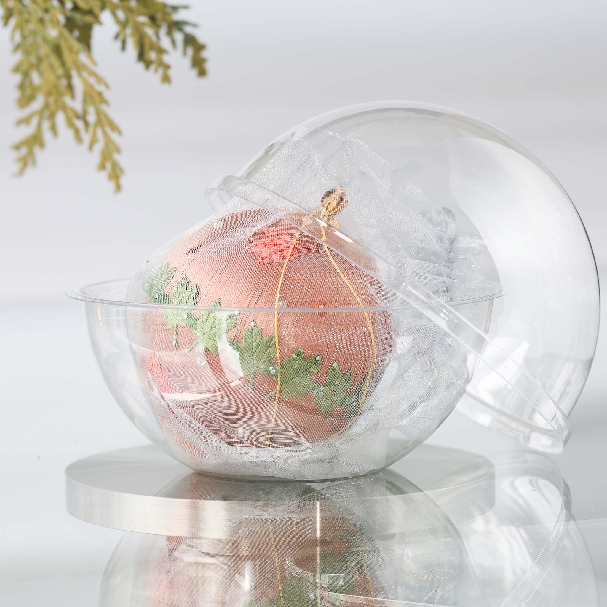 Handmade Push Pin Ornament Leaves Are Falling features an rosy brown colored satin foam core and comes in a gauze bag and a clear plastic storage container. (RosyBrown)