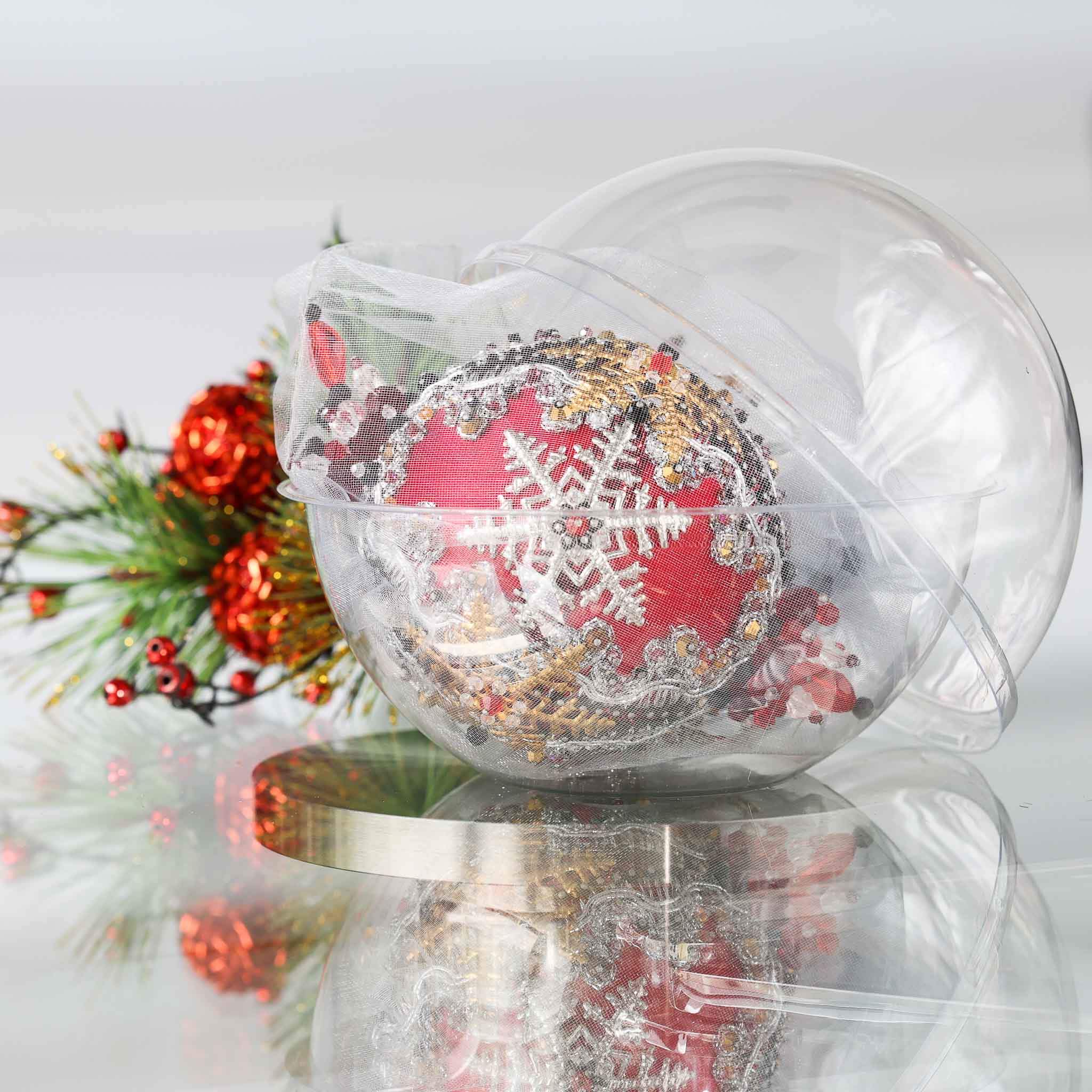 Decorative Christmas red satin ornament with a snowflake design inside a plastic round container, surrounded by festive elements on a light background. (Red)