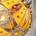 Load image into Gallery viewer, Close-up detail of a bright yellow handcrafted beaded push pin Christmas ornament with gold beads applied to the satin foam core with dressmaker pins by Whim5seasons. (Light Yellow)
