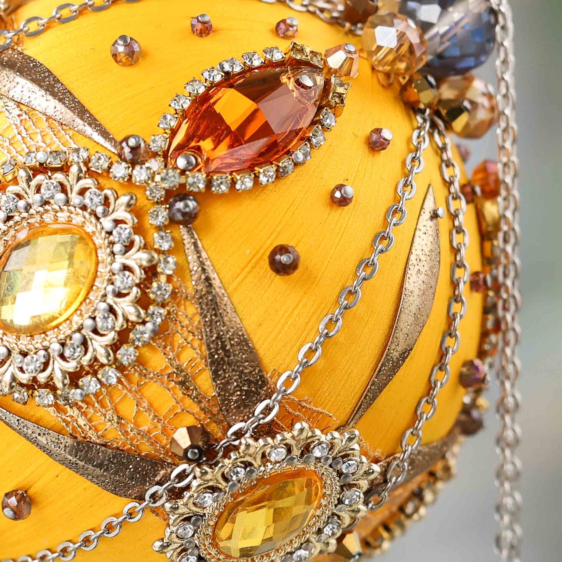 Close-up detail of a bright yellow handcrafted beaded push pin Christmas ornament with gold beads applied to the satin foam core with dressmaker pins by Whim5seasons. (Light Yellow)