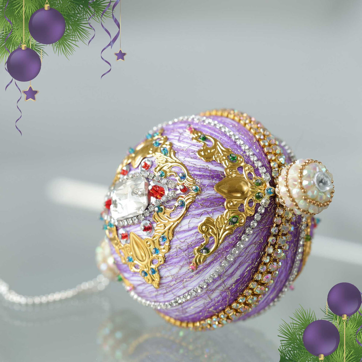 A close-up detail of a handmade beaded push pin ornament featuring  gold flower trim, large square clear glass rhinestone, rows of silver rhinestones, and large topp0er beads by Whim5seasons.