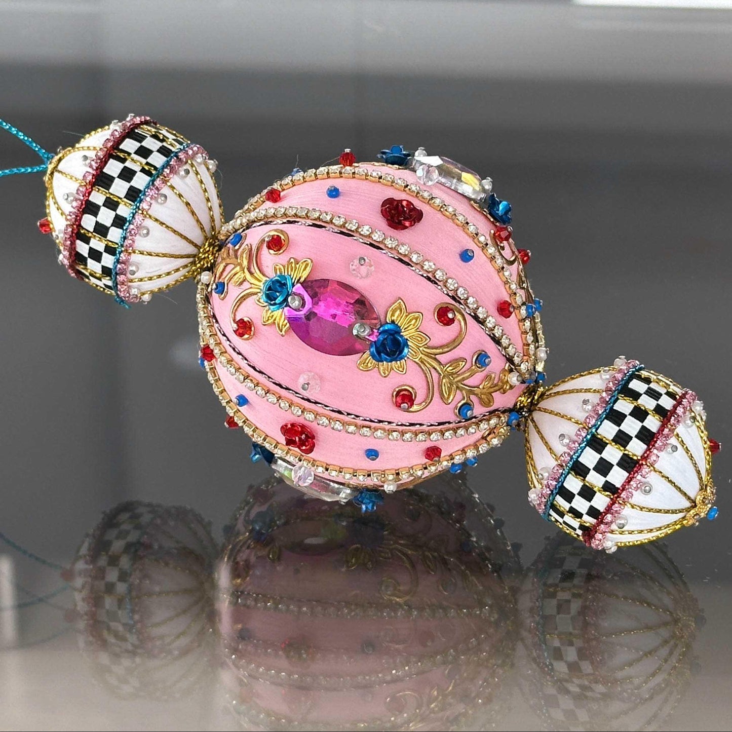 Christmas handmade Sequin & Beaded Satin Ornament, one-of-a-kind, in pink with sparkling rhinestone chains, pearls, and gold metal embellishments by Whim5seasons.