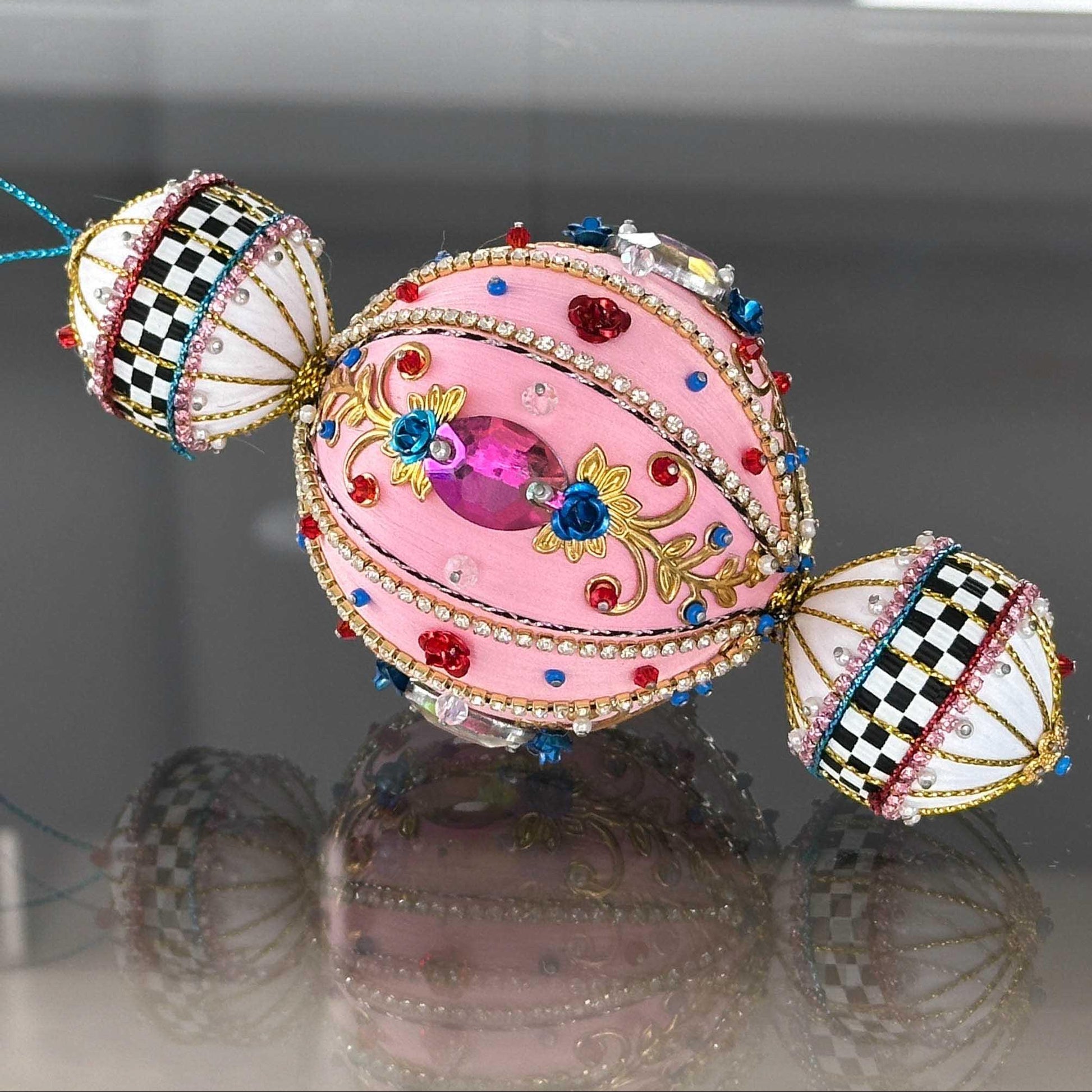 Christmas handmade Sequin & Beaded Satin Ornament, one-of-a-kind, in pink with sparkling rhinestone chains, pearls, and gold metal embellishments by Whim5seasons.