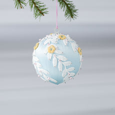 Handmade Mid-Century Style Beaded Christmas ornament  - a satin push pin core as a base, embellished with white lace trim, yellow embroidered flowers, and pink and clear beads, hanging on a pink string loop (Light Blue)