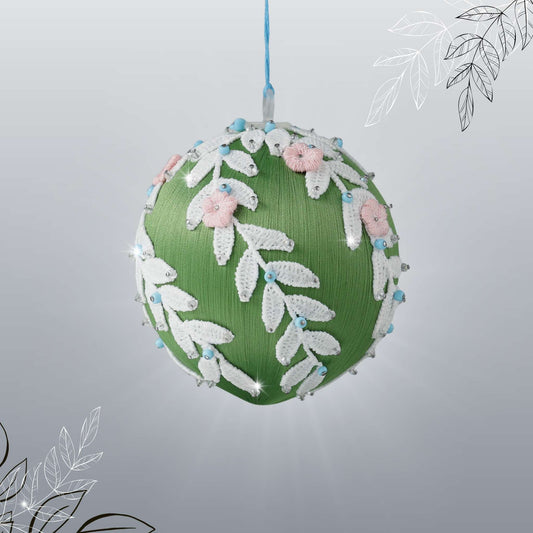 Handmade olive green Christmas or Easter Beaded push pin Ornament Ball embellished with flowers, white trim, and beads hanging on a blue string by Whim5seasons.