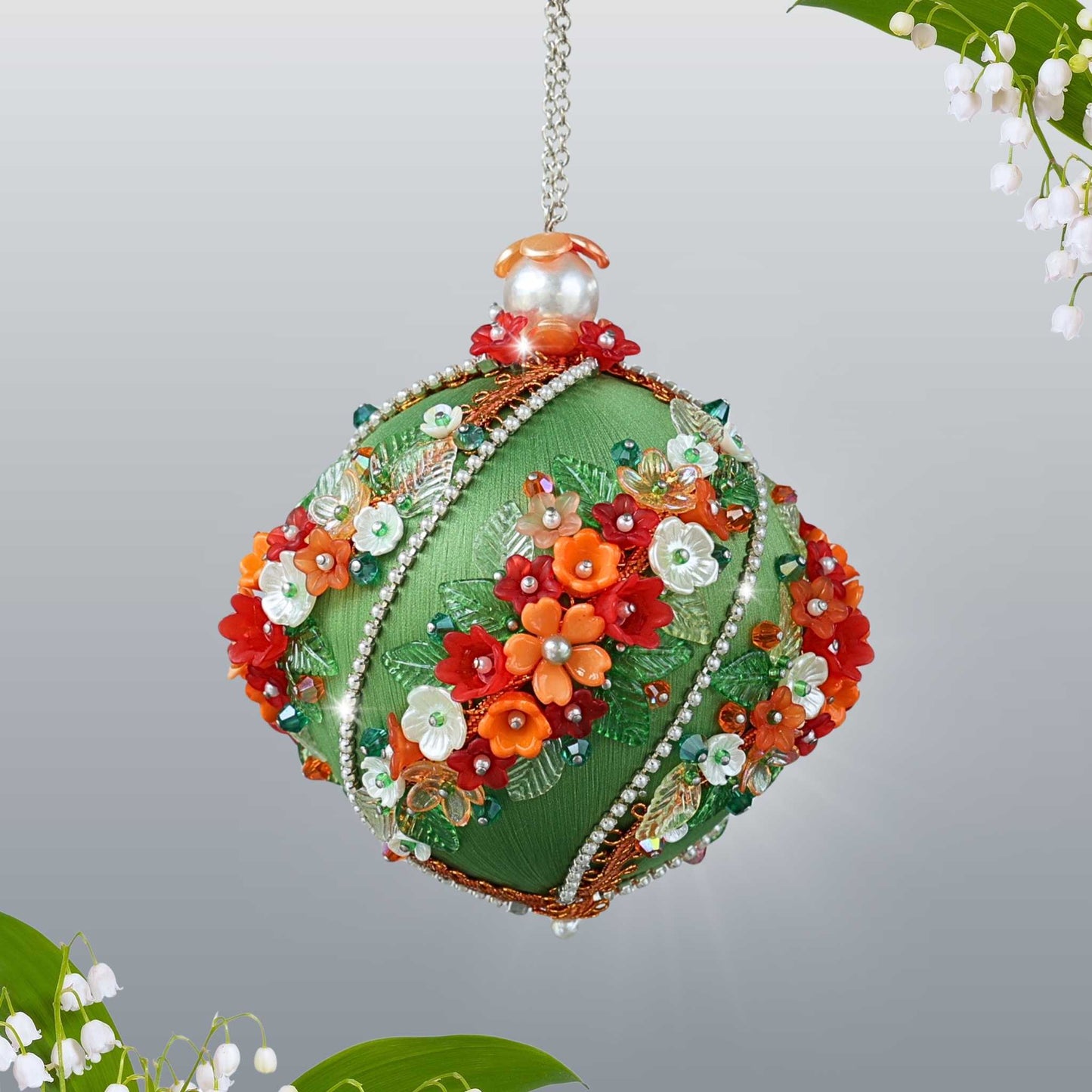 Christmas or Easter Beaded Ornament Ball embellished with acrylic  flowers, leaves, and crystal beads. Handmade by Whim5seasons.