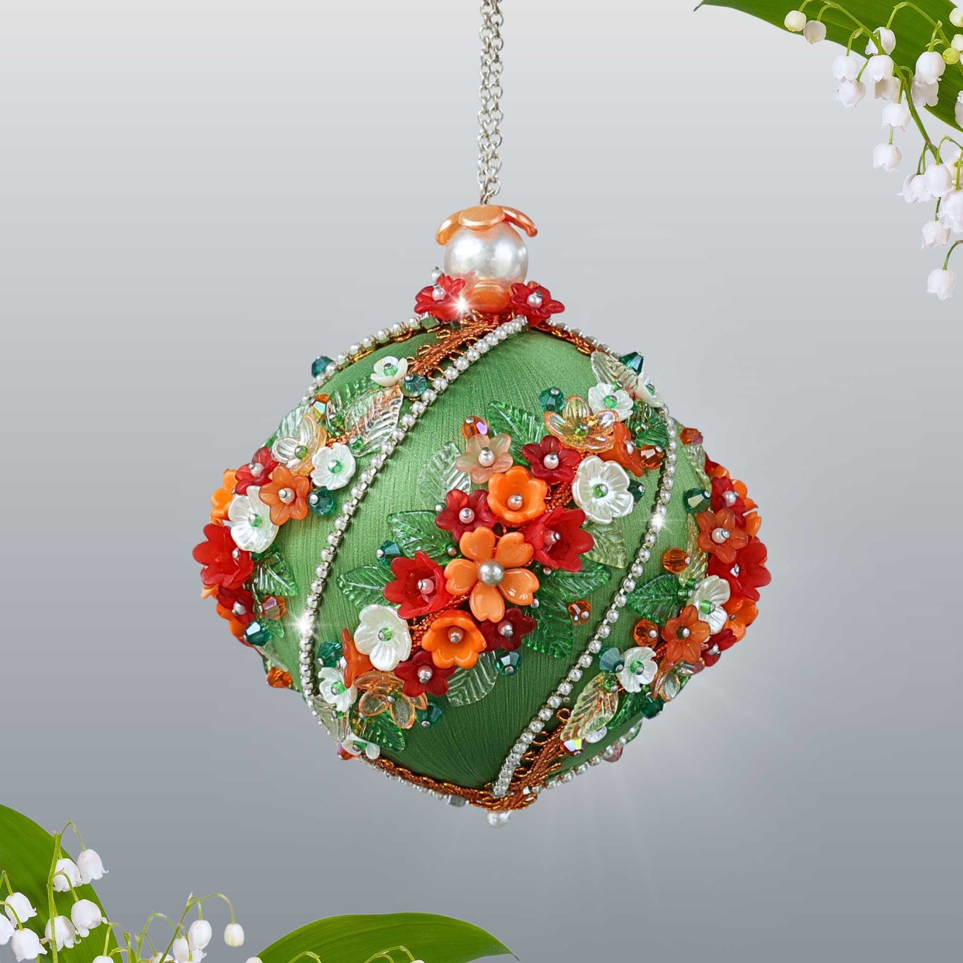 Christmas or Easter Beaded Ornament Ball embellished with acrylic  flowers, leaves, and crystal beads. Handmade by Whim5seasons.