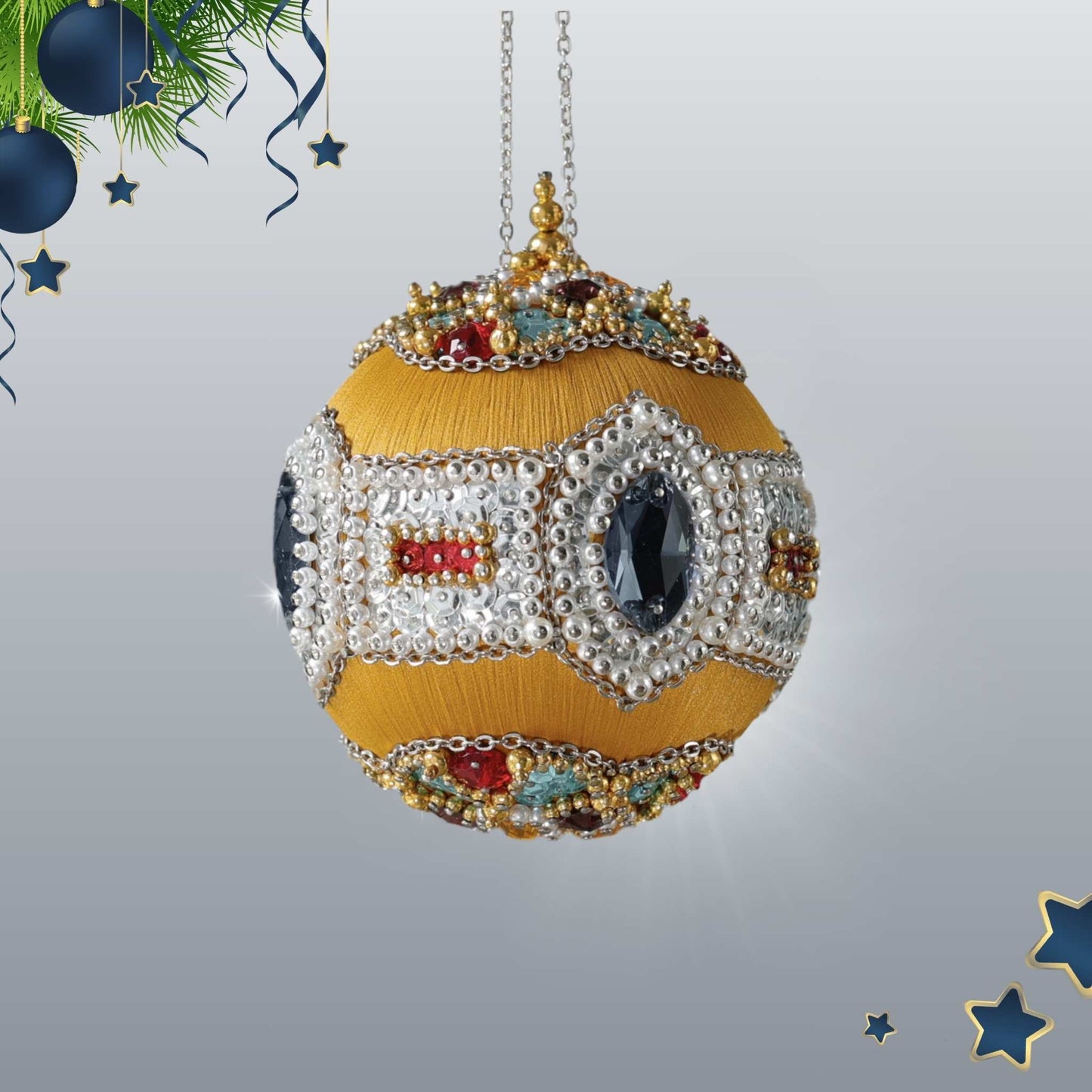 Handmade Christmas Sequin & Beaded Satin Ornament hanging on a gold chain showcasing extensive beadwork and intricate detailing by Whim5seasons.