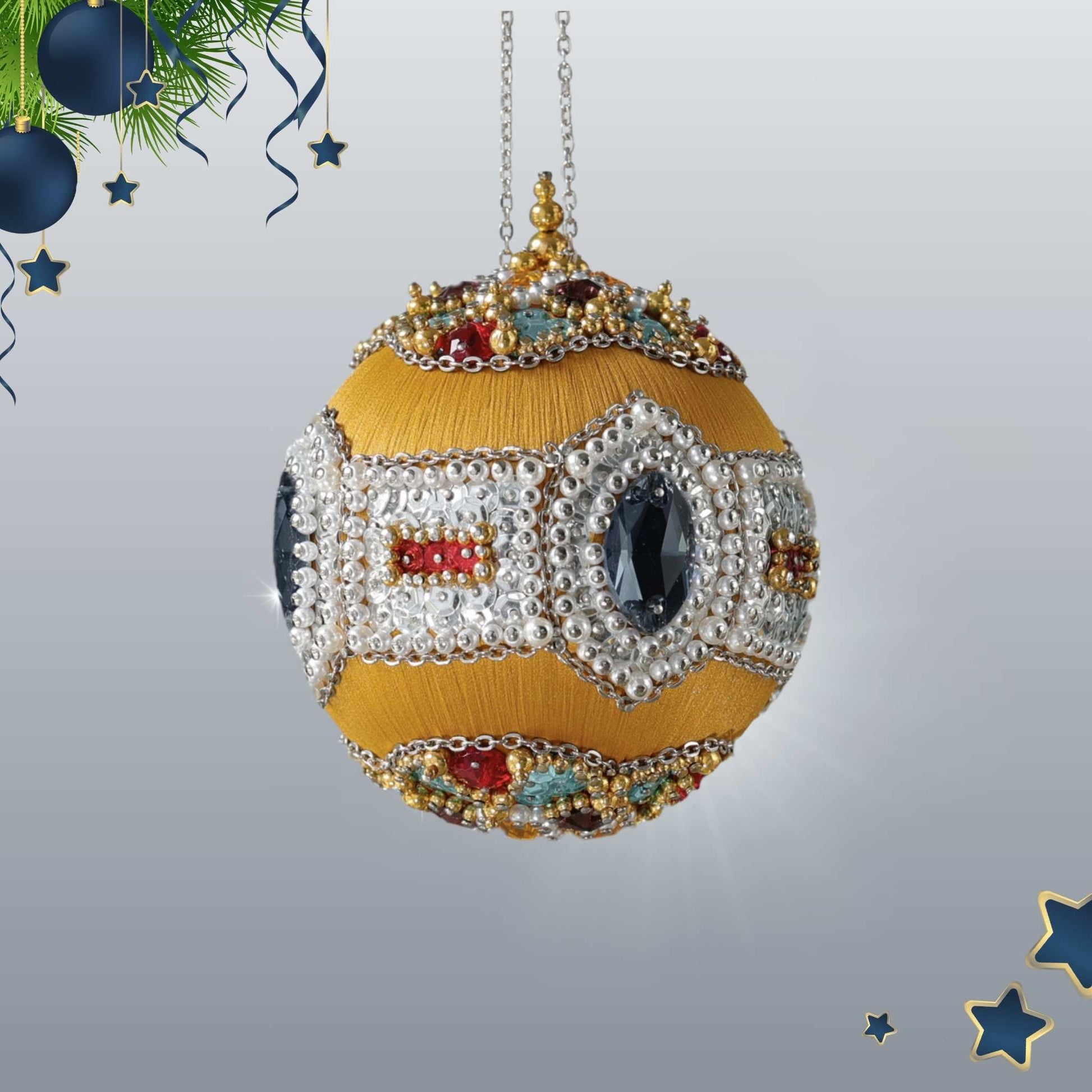 Handmade Christmas Sequin & Beaded Satin Ornament hanging on a gold chain showcasing extensive beadwork and intricate detailing by Whim5seasons.