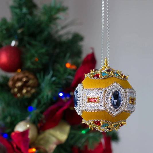 Handmade Christmas Sequin & Beaded Satin Ornament hanging on a gold chain showcasing extensive beadwork and intricate detailing by Whim5seasons.