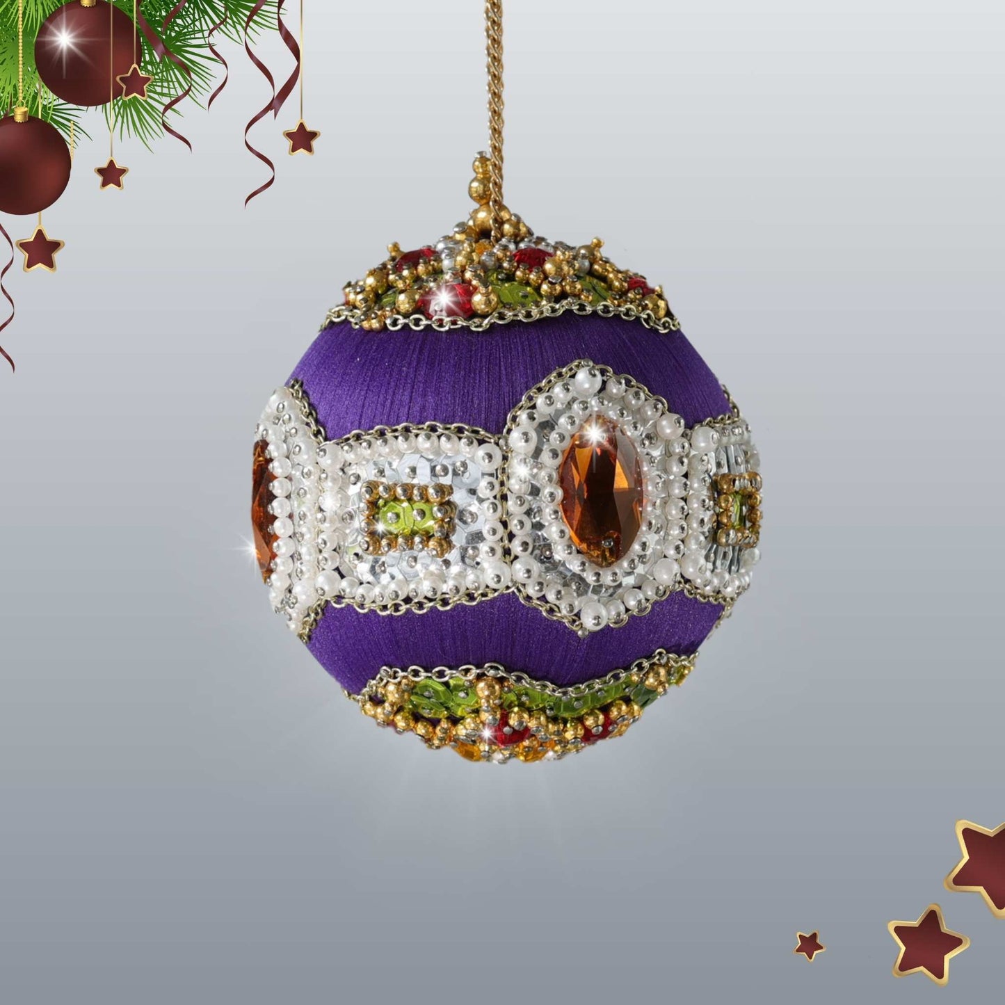 Christmas Sequin & Beaded Satin Ornament Ball, completed from a kit, in purple with large gold glass rhinestones, and hundreds of pearl beads by Whim5seasons.