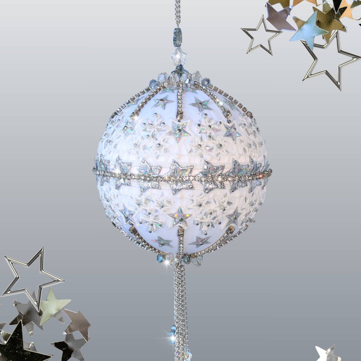 Christmas Push Pin Ornament Kit New Year Star in a clear plastic packaging includes a white satin ball, and a bag with gold star sequins, pictured with a holiday branch by Whim5seasons.
