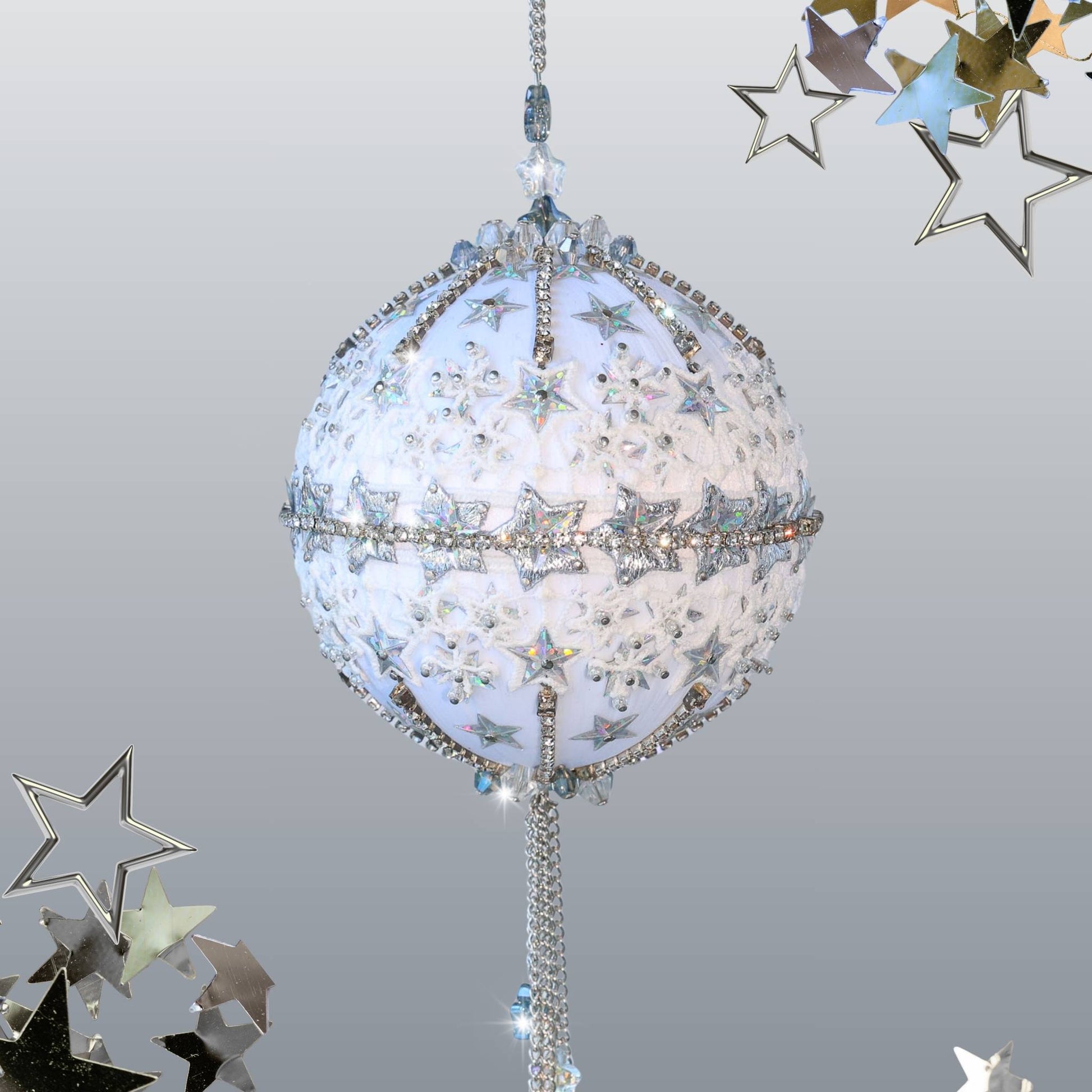 Christmas Push Pin Ornament Kit New Year Star in a clear plastic packaging includes a white satin ball, and a bag with gold star sequins, pictured with a holiday branch by Whim5seasons.