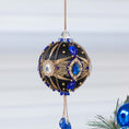 Load image into Gallery viewer, Handmade black satin ornament with crystal cameos, dark blue rhinestone chain, gold chain, hanging on a light gray background by Whim5seasons. (Black)
