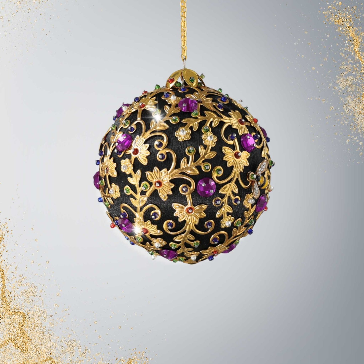 Black Quam Push Pin Beaded Ornament embellished with gold metal stampings and red rhinestones by Whim5seasons.