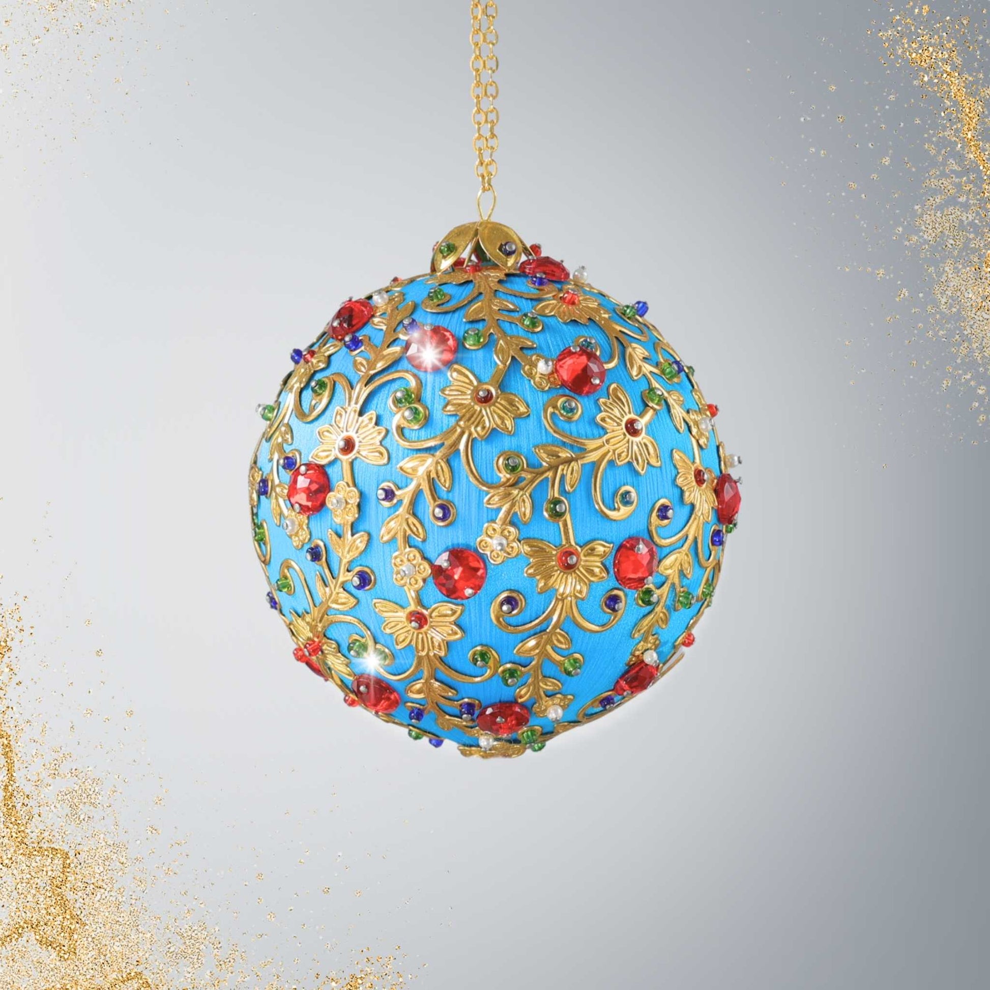 Bright turquoise Christmas ornament with red rhinestones and gold floral design on a gray background - Quam Easy 1 Hour Push Pin Ornament by Whim5seasons.