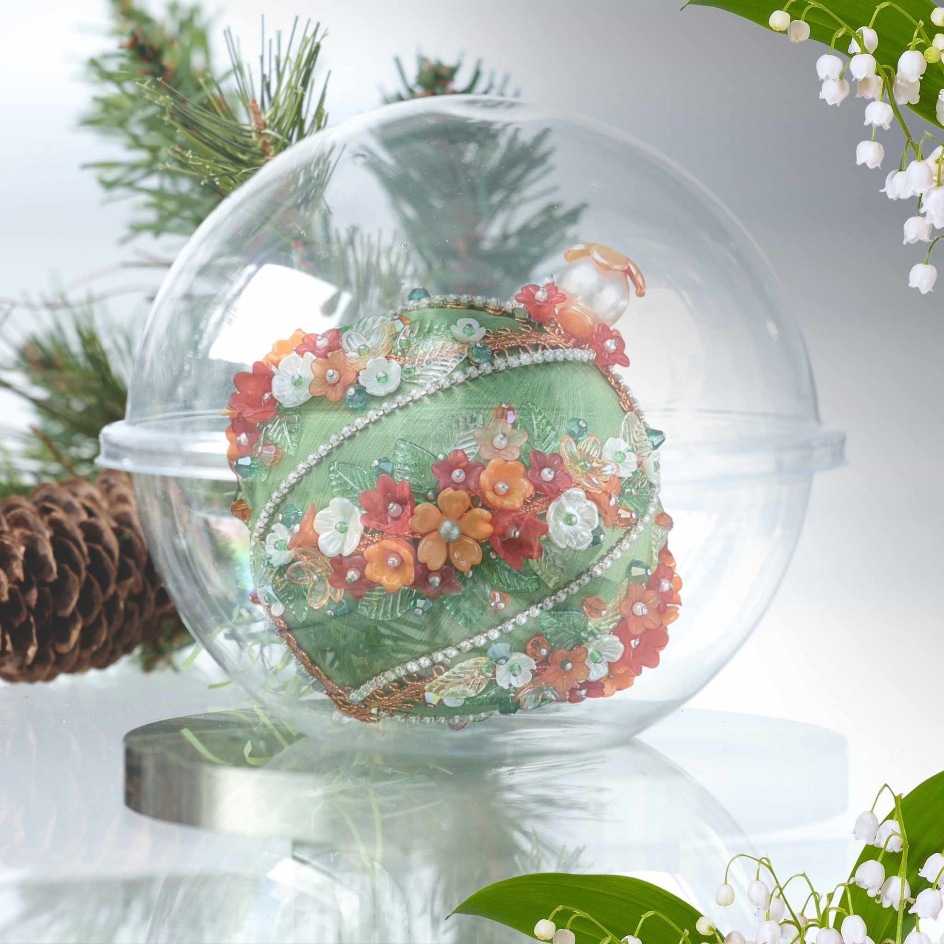 Satin Handmade Beaded Christmas Ornament packed ready to be shipped wrapped in organza bag and placed in a clear storage container from Whim5seasons.
