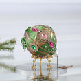 Load image into Gallery viewer, A side of a handcrafted green beaded push pin Christmas ornament with gold beads applied to the satin foam core with dressmaker pins by Whim5seasons. (Olive)
