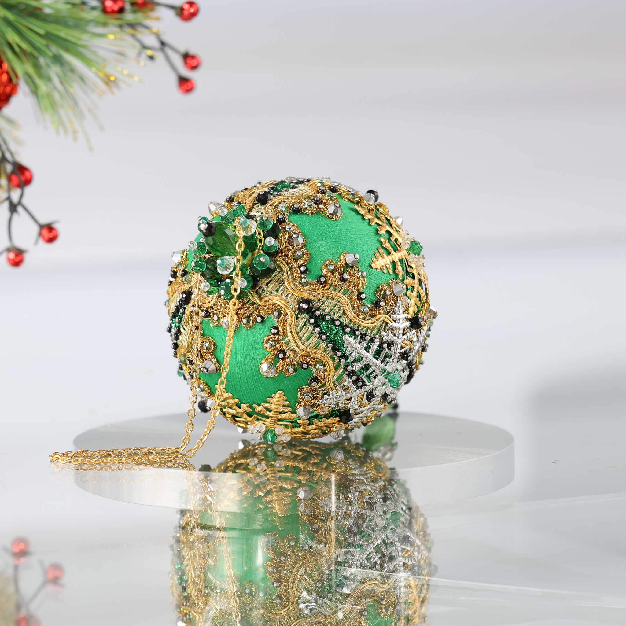Handmade Christmas Satin Ornament Decoration  - vintage  style with snowflake charms and glass beads on a gray background. (Green)