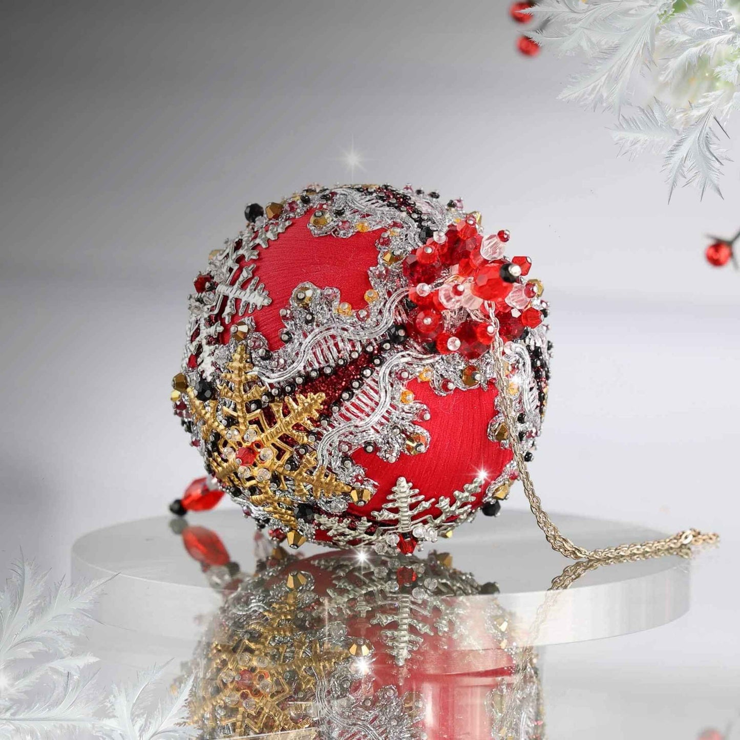Handmade Christmas Satin Ornament Decoration  - vintage  style with snowflake charms on a mirror reflective surface and a gray background by Whim5seasons.