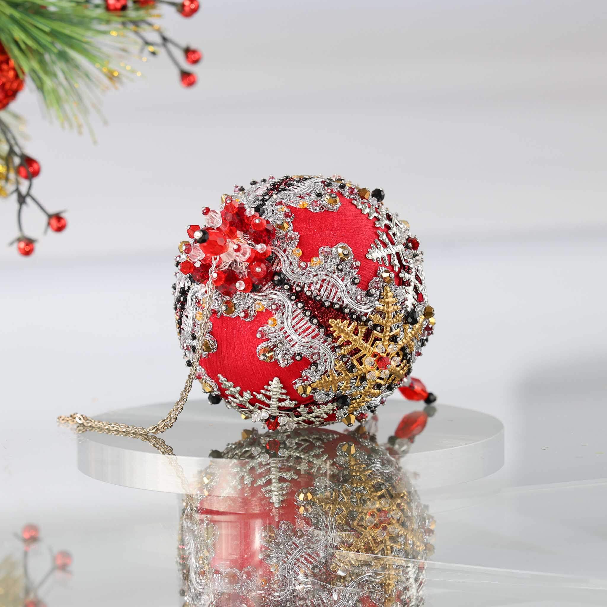 Handmade Christmas Satin Ornament Decoration  - vintage  style with snowflake charms on a mirror reflective surface and a gray background. (Red)