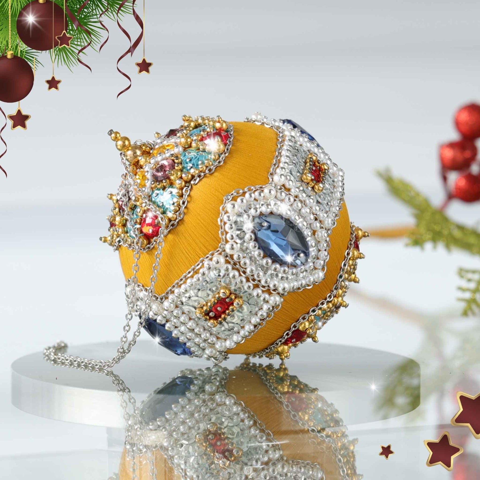 Gussie - rich gold colored beaded satin Christmas Ornament adorned with glass rhinestones, hundreds of pearls and sequins, and a rose gold chain by Whim5seasons.